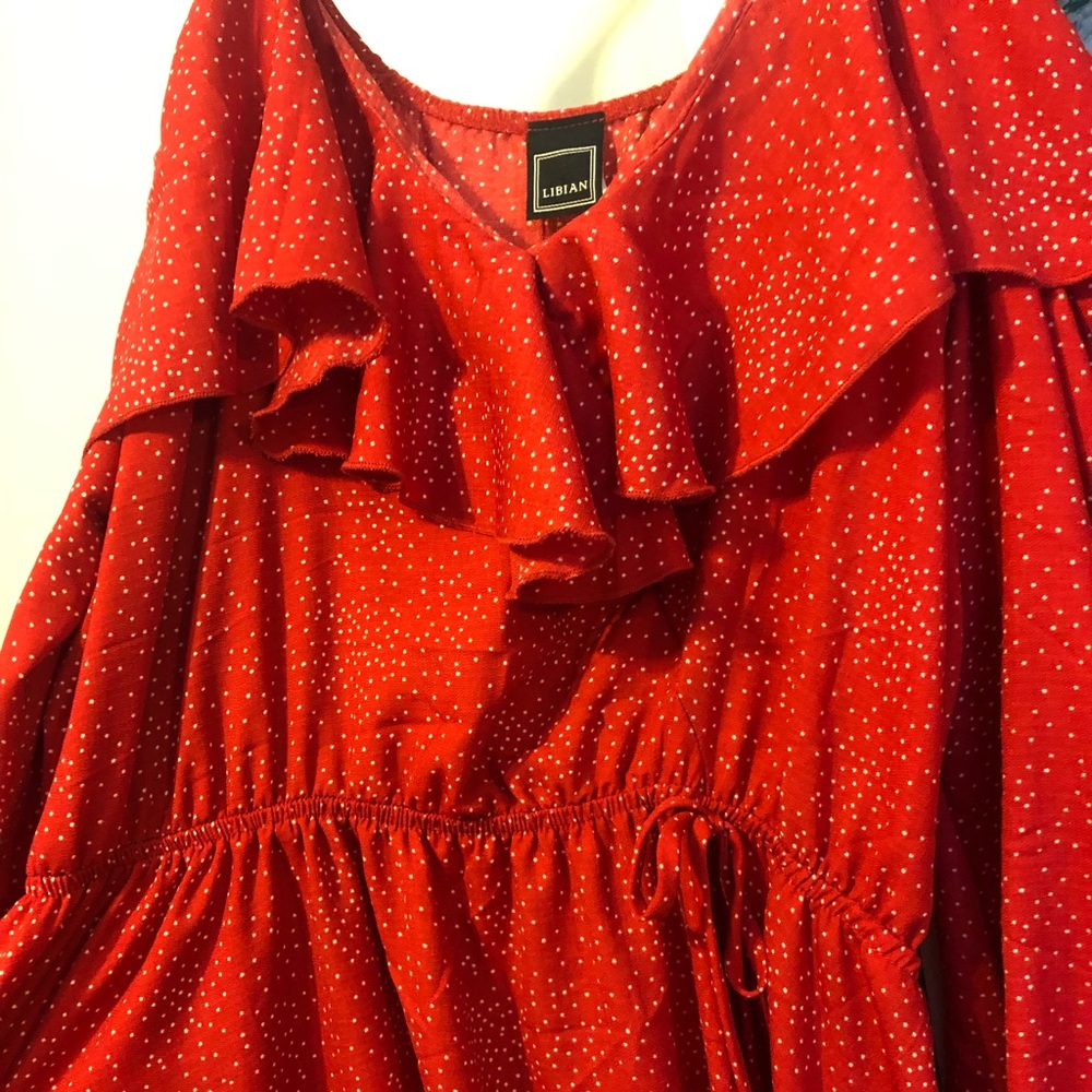 Red and white long sleeve cold shoulder dress